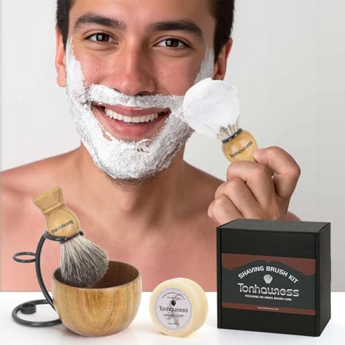 Shaving Brush Kit For Men, 4 In 1 Shaving Brushes Set Includes Badger Hair Shaving Brush, Wood Bowl, Stainless Steel Shaving Stand and Goat Milk Shaving Soap - color: 4 IN 1 With Soap