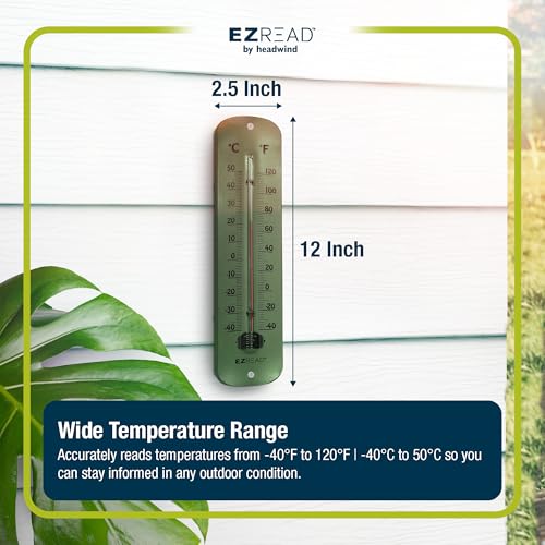 Headwind 12" Garden Green Metal Thermometer – Durable Weather‑Resistant Indoor & Outdoor Wall‑Mount Temperature Gauge for Patio, Garden, Home, or Porch – Heavy‑Duty Metal Construction by EZ Read - color: Garden Green