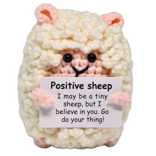Handmade Crochet Sheep Figurine Desk Decor Encouragement Gift Her | Sheep Holds Positive Message Card In Hands. Soft Acrylic Yarn. Birthday Going Away Surprise