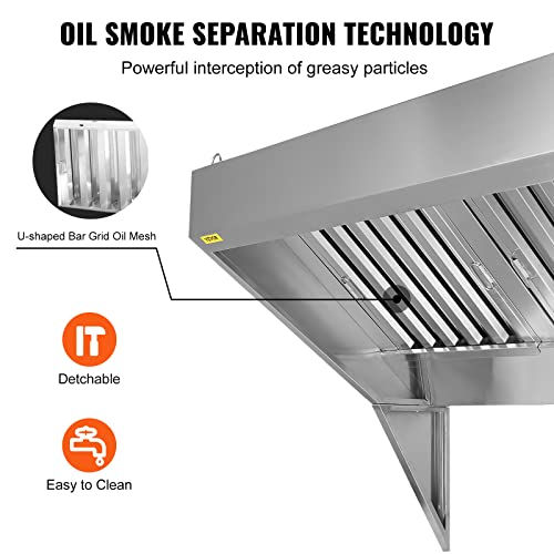 VEVOR Commercial Exhaust Hood, 5FT Food Truck Hood Exhaust, 201 Stainless Steel Concession Trailer Hood with 2 Detachable U-shaped Grid Oil Filter Mesh, Rust Resistant Vent Hood for Kitchen Restaurant | Concession Trailer Hood with 2 Detachable U-Shaped G