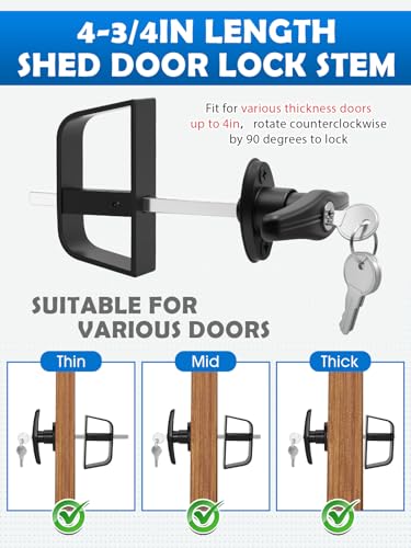 Shed Door T-Handle Lock Latch Kit with 4 Keys, Shed Barn Coop Storage Door T-Lock Set, Adjustable 4-3/4" Stem, with Spring Loaded Gate Pin Bolt Latch - 1 Lock+2 Latch - style: Lock 4-3/4" + Latch 6in