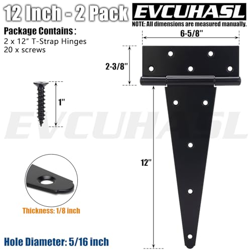 12 Inch T-Strap Gate Hinges, Shed Barn Door Hinges Heavy Duty, Black Tee Hinges for Wooden Fences, Yard Gate, Wrought Hardware Iron Rustproof (2 Pack/Set) - size: 12 Inch