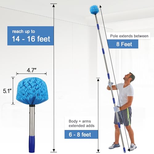 Cobweb Duster with Extension Pole - 8 FT Lightweight Stainless Steel Extendable Duster Ceiling Fan Duster for High Ceilings, Medium Stiff PET Bristle Spider Web Brush for Indoor/Outdoor Cleaning - size: 8FT