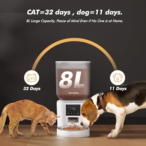 Automatic Dog Feeder - 8L/34 Cups Large Capacity Automatic Cat Food Dispenser with LCD Screen, Large Food Tray, Battery Operated, Timed Cat Feeder, Up to 50 Portions 6 Meals Per Day, Keeps Fresh - color: White