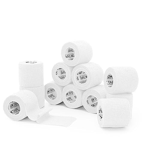 OK TAPE Self Adherent Cohesive Bandages Wrap 12Packs 2" x 5 Yards | Non-Woven Self Adhesive Athletic Sports Wrap Tape Vet Wrap Bandages Tape for Thumb Finger Wrist Ankle (White) - color: White, size: 2 In x 5 Yards