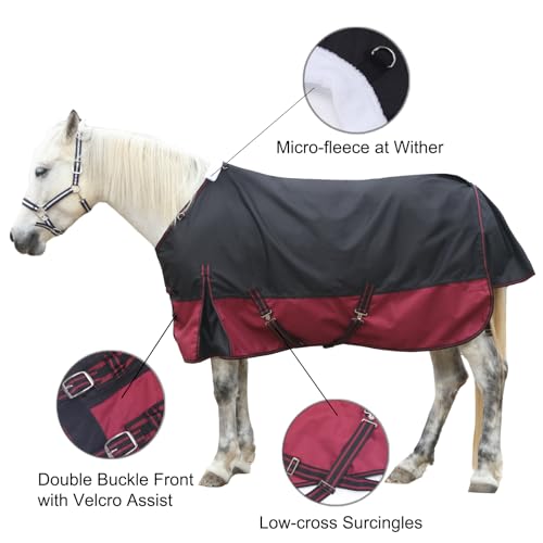 1200D Horse Blanket, 0g No-Fill Waterproof Turnout Rain Sheet | 1200D Ripstop Outer, Waterproof Breathable Shell, Anti-Rub Lining, 0g No-Fill, Keep Dry in Mud & Wet Weather, Large Tail Flap - color: Black Wine, size: 75"