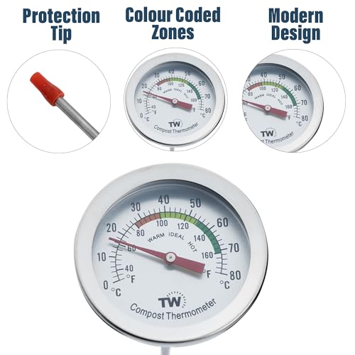 Compost Thermometer Stainless Steel Dial - Ideal Composting Soil Thermometer with 50MM Diameter C and F Dial and 295MM Compost Temperature Gauge Probe