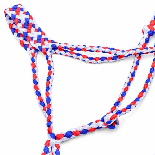Jeffers Equine Braided Mule Tape Halter with 10' Detachable Lead Rope Set for Horses, 14 to 18 Hands - Stylish Design with Adjustable Poll Strap, Easy to Use Western Tack - Red, White & Blue - color: Red, White & Blue
