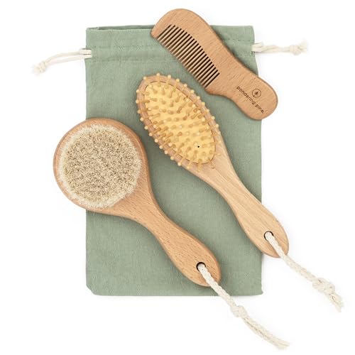 Natural Baby Hair Brush Set with Boho Bag - Goat Hair Cradle Cap Brush, Toddler Brush and Comb - Scalp Grooming Baby Hairbrush for Newborn and Infant, Wooden Brushes for Boys and Girls - color: Sage