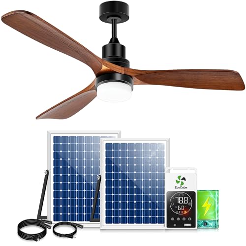 Solar Outdoor Ceiling Fan 52" with Battery and Smart Thermostat | Wood Walnut Fan, 2PCS 30W Bifacial Panels, Built-in Light, 3 Speeds, for Barn, Patio, Stable, Gazebo, Adjustable Temp Control - size: 52 inch