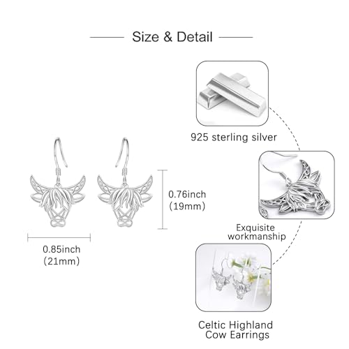 Celtic Animal Earrings for Women - Sterling Silver Hypoallergenic Horse/Dragon/Cow/Goat/Dragonfly/Butterfly Dangle Earrings Animal Jewelry Gifts Birthday Christmas Gifts for Women - color: Celtic Highland Cattle Earrings