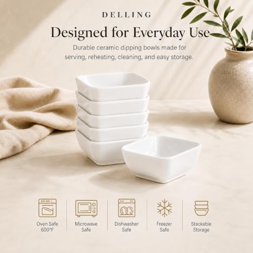 DELLING 3 Oz Ceramic Dipping Bowls Set of 6, Porcelain Soy Sauce Dish - White Dip Bowls for Charcuterie Board Cups, Small Sauce Cups for Condiment Ketchup BBQ, Dipping Sauce Cups Dishwasher Safe - color: White, size: 3oz