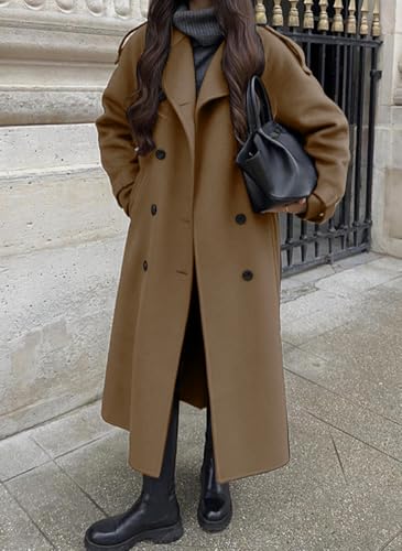 chouyatou Women's Winter Double Breasted Wool Coat Long Sleeve Notch Lapel Midi Long Winter Trench Coat with Belt - color: Dark Camel, size: Small
