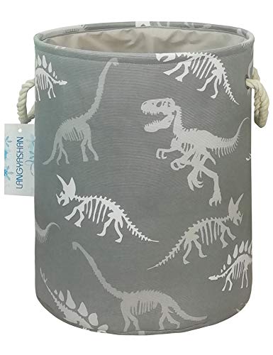 Round Thick Laundry Basket Collapsible Organizer Boys Dinosaur skeleton | Canvas Foldable Storage Hamper Sturdy Rope Handles for Household Gift Baskets Bedroom Clothes Toys Children Nursery - color: Gray Dinosaur skeleton