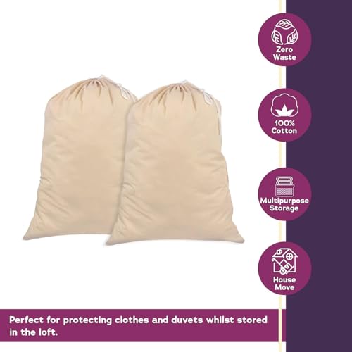 SweetNeedle Pack of 2 Heavy Duty Extra Large Laundry Storage Shopping Bag, 28 x 36 IN 75L - 100% Cotton, Highly durable, Draw-cord with cord-lock, Machine Wash and reusable Travel Bag - Natural - size: 2 Pack - Classic