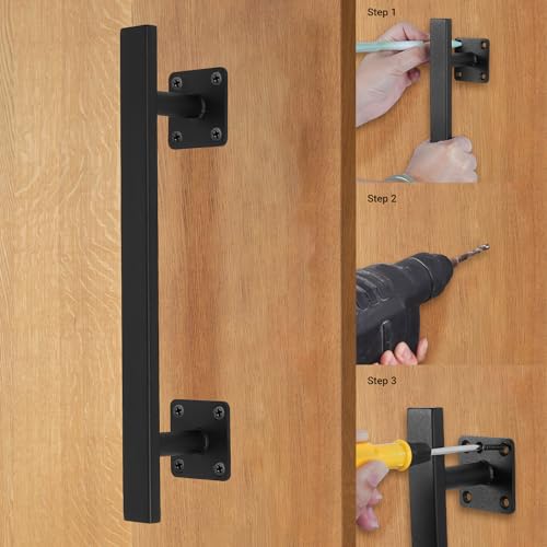 12'' Black Square Heavy Duty Metal Barn Door Handles and Pulls Pack of 2, Outdoor Fence Shed Gate Handle, Rustic Farm Garage Door Handles, Interior Closet Door Pulls