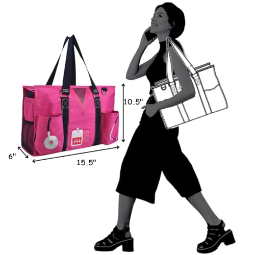 NGIL Utility Water Resistant Tote Bag | Work Tote for Women, Nurse Bag, Teacher's Choice Purse, Gym Bag, Everyday Organizer Top Zipper Closure - color: Nurse-hot Pink