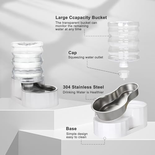 RIZZARI 4L Gravity Cat Water Dispenser: Filter-Free Compact Home Use | No Power Needed/Stainless Steel Bowl/Spill-Resistant Base/Perfect For Cats & Small Dogs/Easy Water Refill - color: White, size: 4L, without Filter