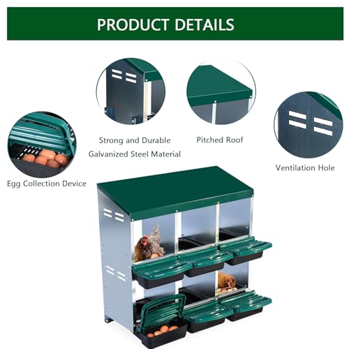 Chicken Nesting Boxes, 6 Holes Metal Chicken Egg Laying Box with Swing Perch and Rollout Egg Collection,for Various Chicken Breeds Without Stand - Green 0.6mm - color: Green 0.6mm-6 Holes, size: Without Stand