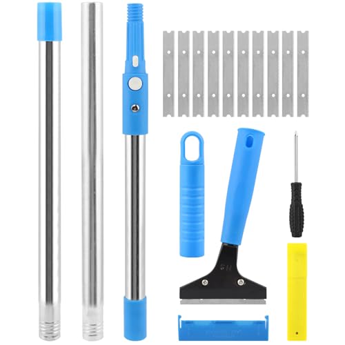 Heavy Duty Floor Scraper, 4" Wide Razor Blade Scraper Tool with 48" Long Handle, 10PCS Extra Metal Blades for Cleaning Wall Glass Floor Paint Gum Stains Stickers Linoleum Stove Top