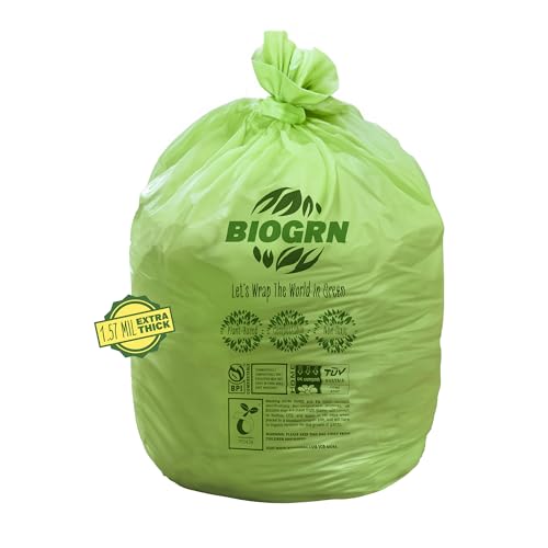 50-55 Gallon Compostable Trash Bags, 12 Count, 1.57 Mil Heavy Duty Flat Top Large Trash Bags for Lawn, Leaf, Yard Waste & Outdoor Garden Cleanup, ASTM D6400 BPI & OK Compost HOME Certified - color: 55 Gallon Flat Top, 12 Count