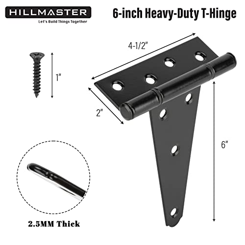 HILLMASTER 6 Inch T-Strap Heavy Duty Shed Door Hinges Gate Strap Hinges Black Tee Hinge Wrought Hardware for Wooden Fences,Yard,Barn Door,Rustproof (4 Pack) - size: 6in 4Pack