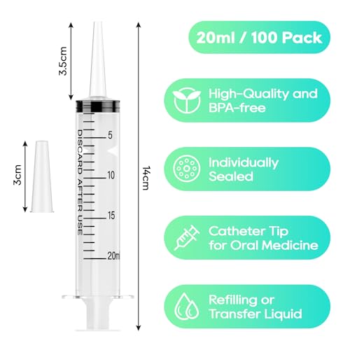 100Pack 20mL Syringes, Plastic Syringes with Catheter Tip & Cap | Individually Sealed Feeding Syringe For Dogs, Measuring Syringe For Liquid, Scientific Labs, Refilling, Dispensing