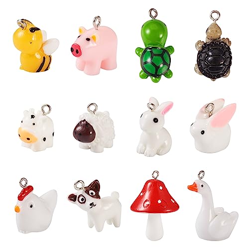Beadthoven 48pcs 12 style Animals Resin Charm Pendants 3D Mini Mushroom Pig Bee Turtle Cow Sheep Chicken Goose Dog Rabbit Farm Dangle Charm Beads for DIY Earring Necklace Keychain Jewelry Making - color: 0Mixed-12 Shape