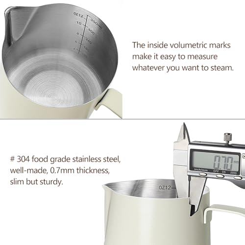 HOOMIL Milk Frothing Pitcher, 12oz/20oz/32oz 304 Stainless Steel | Steaming Pitcher with Clear Scale, Barista Milk Frother Cup Jug for Espresso Machine Coffee Cappuccino Latte Art - 32oz - color: Matte White, size: 32 Ounces