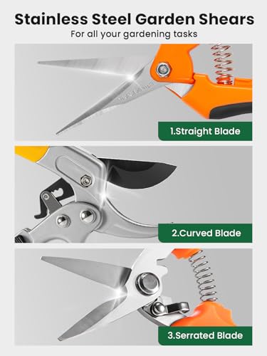 GROWNEER 3 Pack Garden Scissors kit Professional Garden Pruning Shears Stainless Steel Garden Shears Gardening Clippers Flower Plant Scissors Tools Arthritis Weak Hand Pruner Work 3 Times Easier - style: Yellow