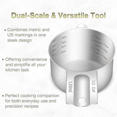 1PCS 1/2Cup (120ml, 4oz) Measuring Cup, Etched Inner Scale Measure Scoop | 18/8(304) Food-Grade Stainless Steel, Seamless One-Piece design, Metric and US Measurement, ‌Rust-Free, Dishwasher-Safe - size: 1/2Cup