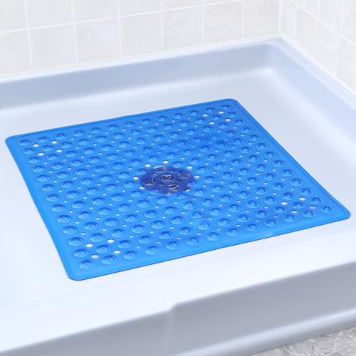 SlipX Solutions 21" Square Non Slip Shower Stall & Bathtub Mat, Blue | Anti Slip Essential Shower Mat For Bathers Of All Ages, 25% Stronger Suction Cups, Soft Underfoot, Machine Washable - color: Blue