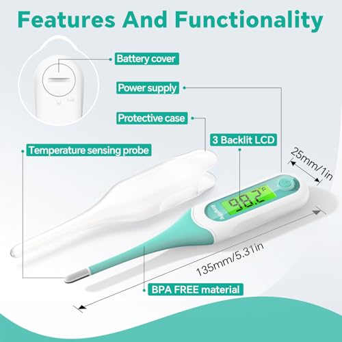 8 Second Digital Oral Thermometer, Fast Reading Thermometer for Adults and Kids with 3 Color Backlit and Fever Alarm for Oral, Rectal, Underarm - color: Green