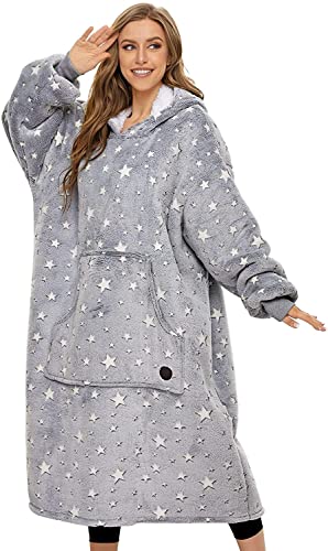 THREE POODLE Wearable Blanket Hoodie, Glow in The Dark Oversized Hoodie Blanket, Sherpa Hooded Blanket Sweatshirt for Adults Women Men Kids, Cozy Gifts - color: Luminous Star, size: Adult-Extra Long