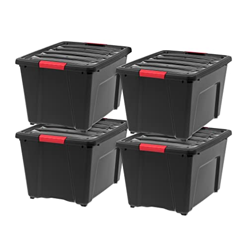 IRIS USA 4-Pack 54 Quart Storage Bins with Lids, Black | Black finish conceals stored items. Perfect for moving, blankets, clothing, and garage storage. Nestable design saves space - size: 54 Qt, style: 4 Pack