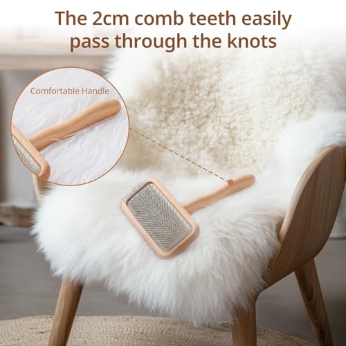 Sheepskin Wool Brush - Carpet Rake Tool | for Pet Hair Removal and Household Fabric Care - color: Wood