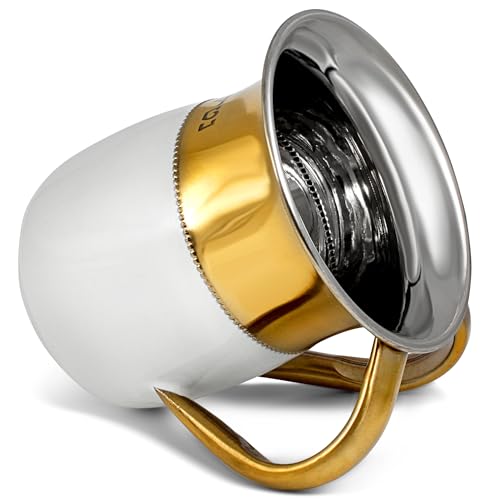 Zion Judaica Shabbat Exquisite Netilat Yadayim Cup 5" Durable Rustless Hand Washcup Lightweight 2 Tone White Enamel and Gold Brushed Metal Beautiful Passover Dual Handle Washing Cup Pesach Seder Decor