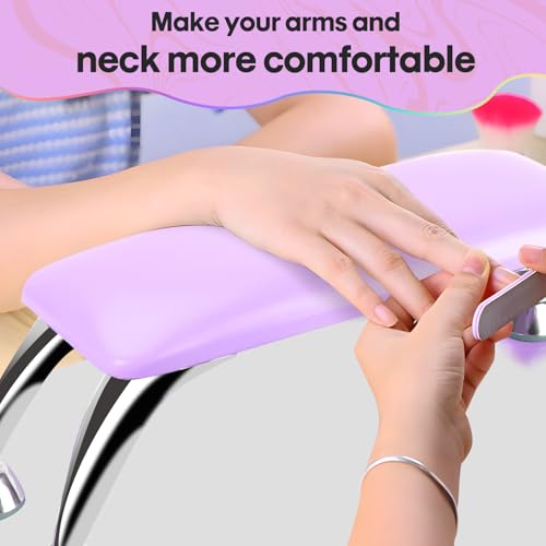 Arm Rest for Nails Tech with Table Mat for Salons and Home Manicures, Soft Microfiber Leather Nail Hand Rest for Relaxing Arms, Non-slip Height Hand Pillow Cushion Nail Salon Manicure (Purple)