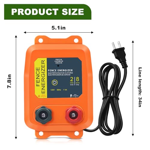 PE2 Electric Fence Charger, 2-Mile/ 8 Acres Electric Fence Charger,0.1 Joule Livestock Fence Chargers for Containing Dogs, Livestock and Preventing Wild Animals Intruding,Orange