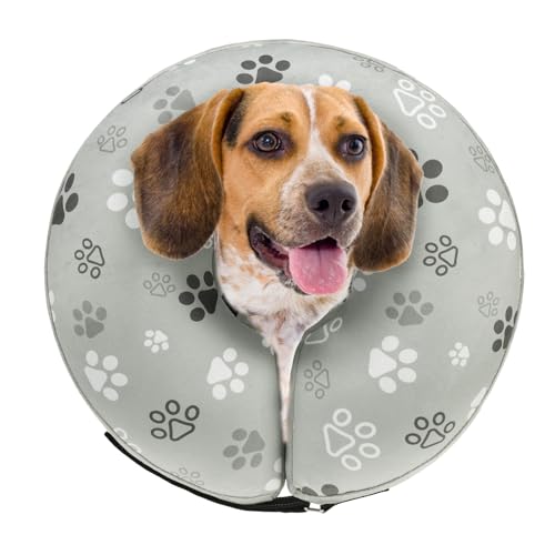 SCENEREAL Dog Cone Alternative After Surgery Donut Collar Soft | Pet Recovery Pillow Collar for Medium Large Dogs, Inflatable Adjustable Neck Collars to Prevent Licking, Grey Footprints M - color: Grey Footprints, size: M(Neck 13"-16")