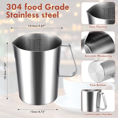 Copkim 4 Pcs Stainless Steel Measuring Cup with Handle and Pour Lip 67.6 Oz/ 2000 ml 304 Steel Milk Frothing Jug 8 Cup Metal Pitcher for Coffee Shop Bakery Commercial Home Latte Art Baking Frothing - size: 67.6 Oz, 2000 Ml, 8.3 Cup