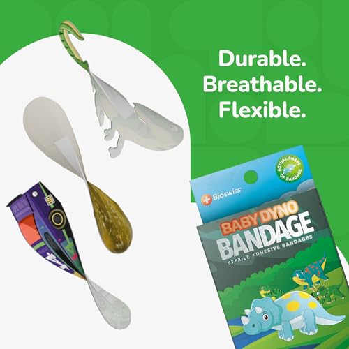 BioSwiss Bandages, Dino Shaped Self Adhesive Bandage Set, Latex Free, Sterile Wound Care, 24 Count - size: 24-Count Box, style: Baby Dino