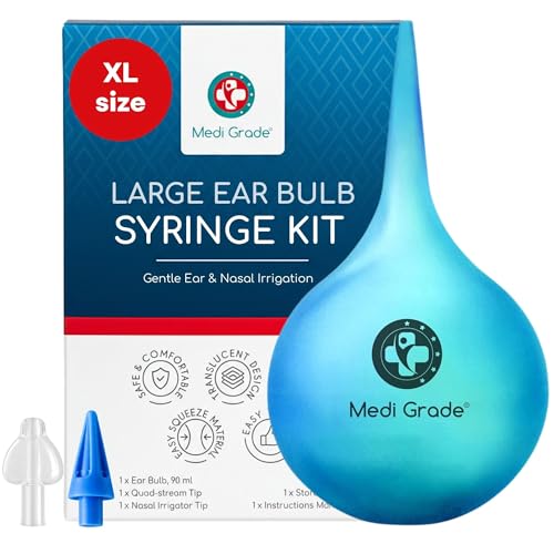 Medi Grade Ear Wax Removal Bulb Syringe 3.04 fl oz, Ear Cleaner Irrigation | Easy-squeeze ear syringe 90ml with quad stream tip, gentle ear cleaning tool for adults and kids, safe ear flushing at home - size: 90ml