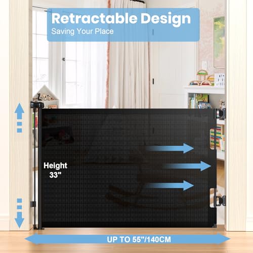 HAMOPY Retractable Baby Gate, 33" Tall, Extends up to 55" Wide, Durable Auto-Lock Baby Gates for Stairs, Mesh Dog Gate and Child Safety Gates for Doorways, Hallways, Indoor, Outdoor(Black) - color: Bk-1