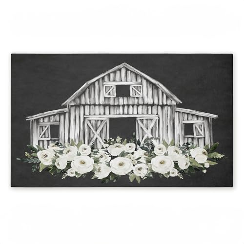 Stupell Industries Rustic Barn with White Roses, 30 x 18 | Outdoor Door Mat, Durable Non-Slip Woven Natural Texture, Recycled Rubber Backing | by Lettered and Lined