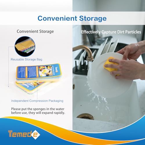 Temede Large Cellulose Sponges, Thick Absorbent Kitchen Sponges, 5-Pack | 5.5" x 3" x 1.2" (Expand), Soft Dish Sponge, Heavy Duty Scrub Sponges, Non-Scratch Cookware, Household, Compressed Packaging