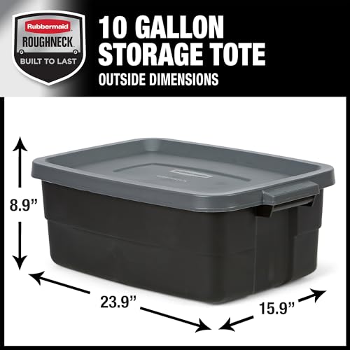 Rubbermaid 6-Pack Totes for Storage with Lids, Heavy Duty Plastic Storage Bins with Lids, Black Gray, 10 GAL - Stackable for Garage, Attic, Camping (10 GAL - 6 Pack Solid Black and Grey) - size: 10 Gal - 6 Pack