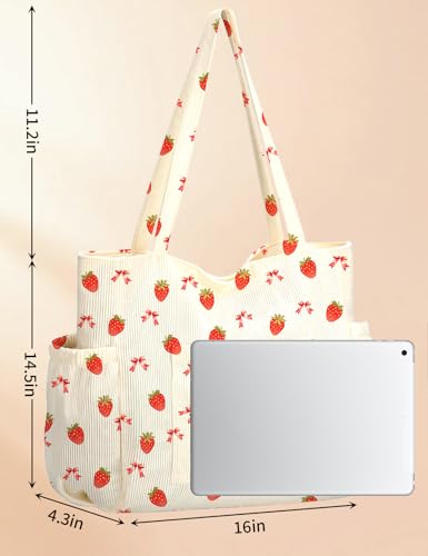 Corduroy Tote Bag for Women, Cute Floral Tote Bag with Zipper, Large Shoulder Handbag with Multi-Pockets for Work Travel Gym - color: Strawberry