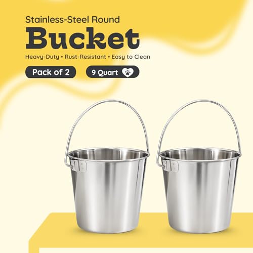 9Qt Round Stainless Steel Heavy Duty Dog Water Bucket, 2-Pack | Food & Water Pail, 2.25 Gallon Capacity, Heavy-Duty, Round Design with Carry Handle, Ideal for Dog, Cats, Goat & farm animals - size: 9 Quart (Pack of 2)