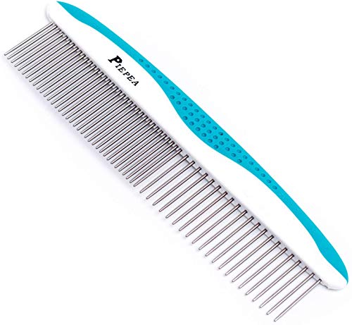 Pet Comb for Dogs and Cats, Stainless Steel Teeth Detangling Grooming Comb | Pets Hair Dematting Deshedding Brush, 7 1/4", Wide & Narrow Teeth, Non-Slip Handle, Remove Tangles, Mats, Knots & Loose Fur